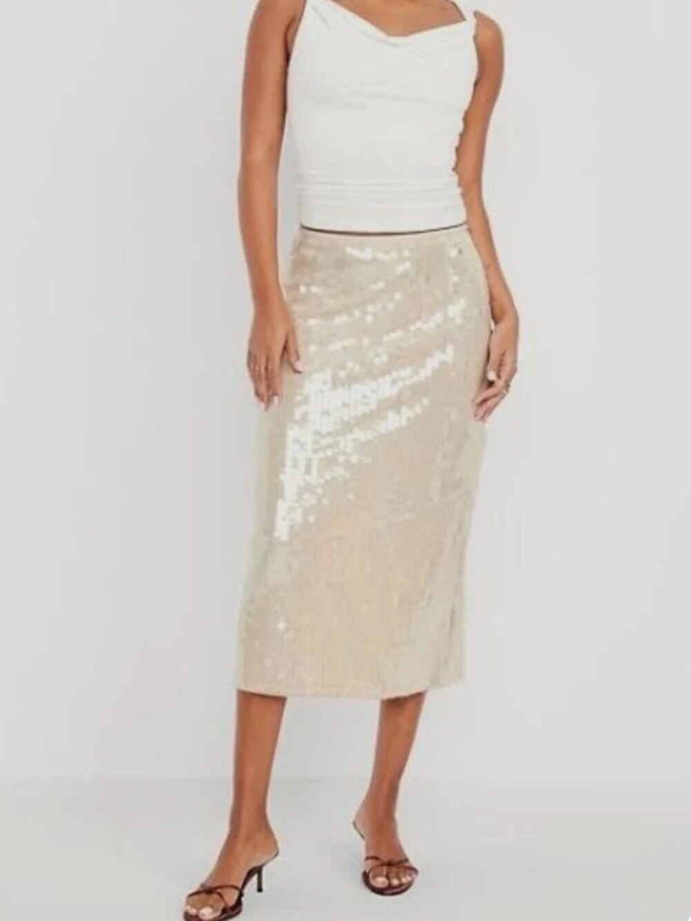 NWT Old Navy Paillette Sequin Midi Skirt Champagne Cream  M